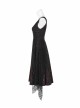 Off-Shoulder Metal Buckle Strap Metal D-Buckle Bandage Splice Irregular Dark Mesh Black And Red Plaid Punk Knit Dress