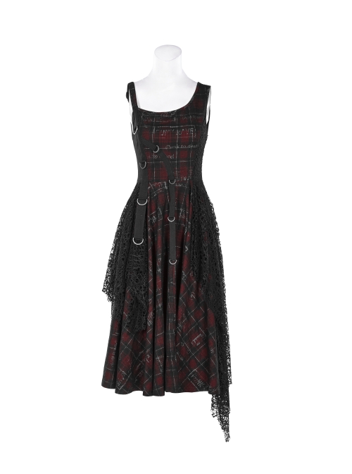 Off-Shoulder Metal Buckle Strap Metal D-Buckle Bandage Splice Irregular Dark Mesh Black And Red Plaid Punk Knit Dress