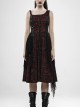 Off-Shoulder Metal Buckle Strap Metal D-Buckle Bandage Splice Irregular Dark Mesh Black And Red Plaid Punk Knit Dress