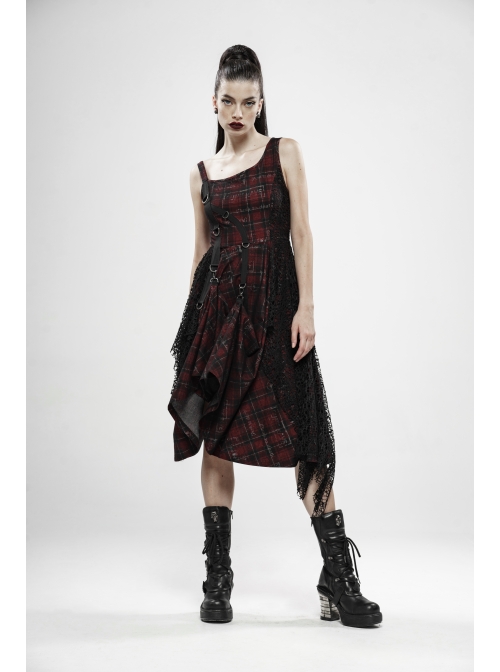 Off-Shoulder Metal Buckle Strap Metal D-Buckle Bandage Splice Irregular Dark Mesh Black And Red Plaid Punk Knit Dress