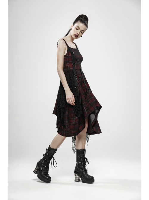 Off-Shoulder Metal Buckle Strap Metal D-Buckle Bandage Splice Irregular Dark Mesh Black And Red Plaid Punk Knit Dress