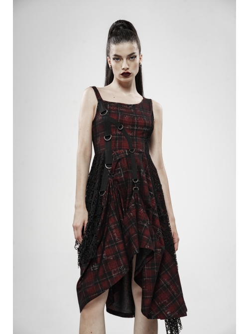Off-Shoulder Metal Buckle Strap Metal D-Buckle Bandage Splice Irregular Dark Mesh Black And Red Plaid Punk Knit Dress