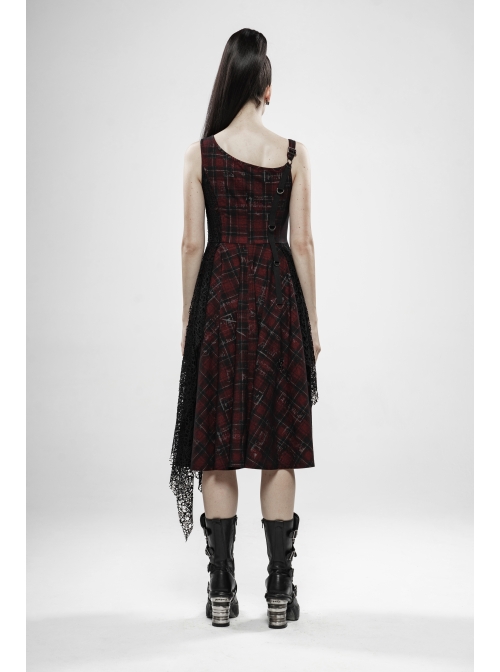 Off-Shoulder Metal Buckle Strap Metal D-Buckle Bandage Splice Irregular Dark Mesh Black And Red Plaid Punk Knit Dress