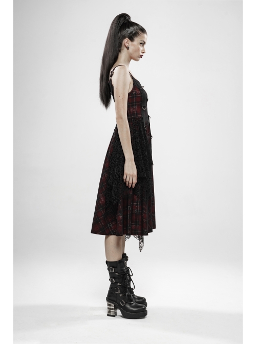 Off-Shoulder Metal Buckle Strap Metal D-Buckle Bandage Splice Irregular Dark Mesh Black And Red Plaid Punk Knit Dress