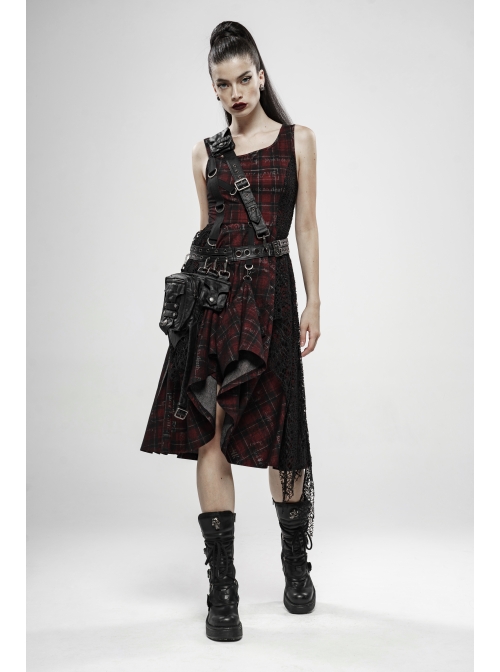 Off-Shoulder Metal Buckle Strap Metal D-Buckle Bandage Splice Irregular Dark Mesh Black And Red Plaid Punk Knit Dress