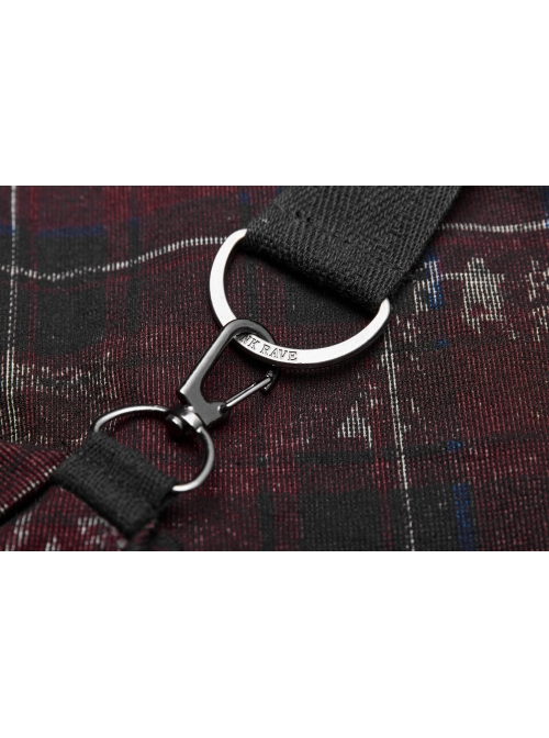 Off-Shoulder Metal Buckle Strap Metal D-Buckle Bandage Splice Irregular Dark Mesh Black And Red Plaid Punk Knit Dress
