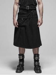 Metal Buckle Belt Metal Eyelets Strap Pleated Skirt Piece Black Punk Kilt
