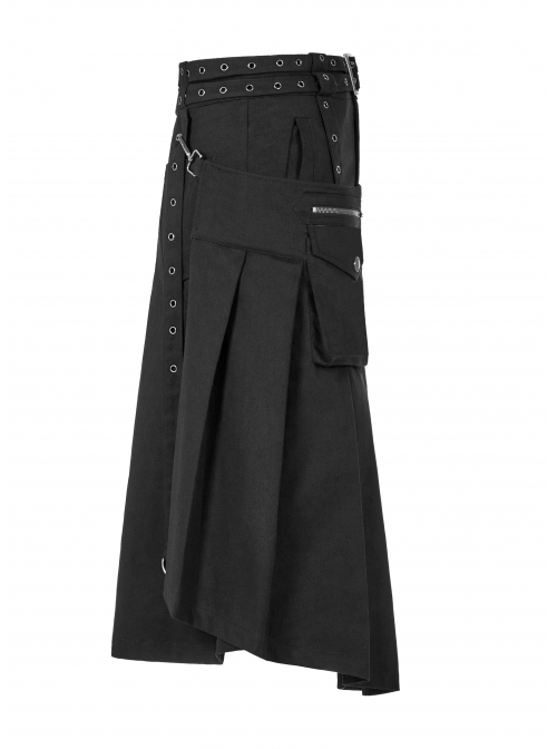 Metal Buckle Belt Metal Eyelets Strap Pleated Skirt Piece Black Punk Kilt