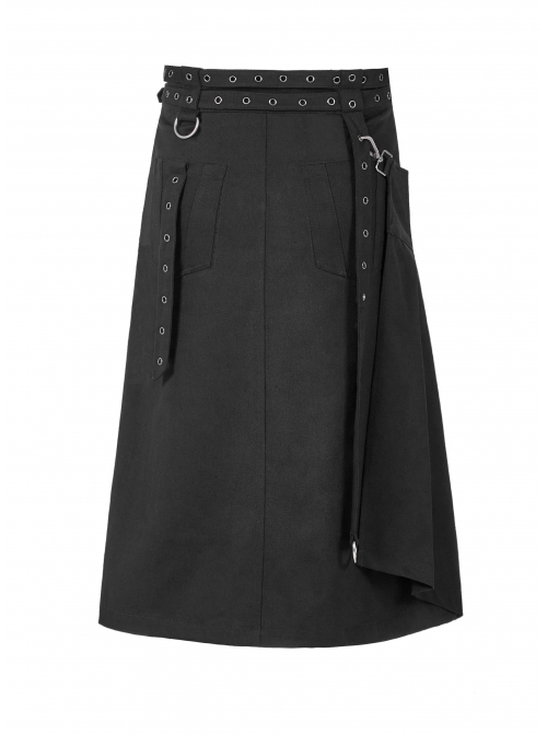 Metal Buckle Belt Metal Eyelets Strap Pleated Skirt Piece Black Punk Kilt