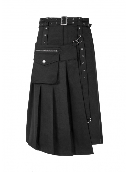 Metal Buckle Belt Metal Eyelets Strap Pleated Skirt Piece Black Punk Kilt