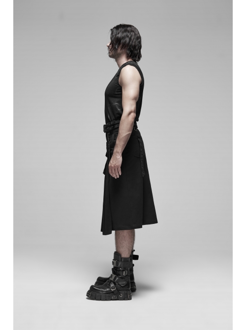 Metal Buckle Belt Metal Eyelets Strap Pleated Skirt Piece Black Punk Kilt