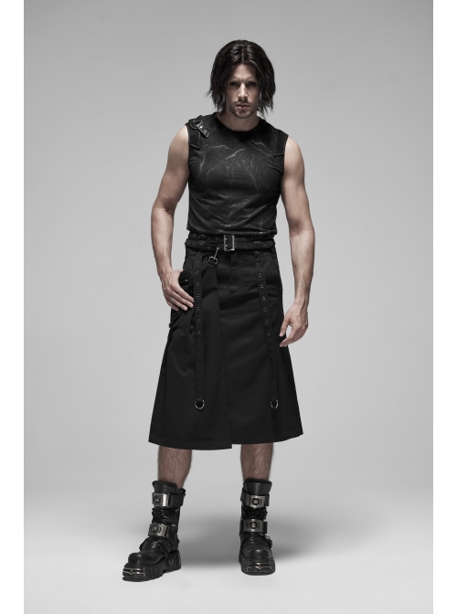 Metal Buckle Belt Metal Eyelets Strap Pleated Skirt Piece Black Punk Kilt