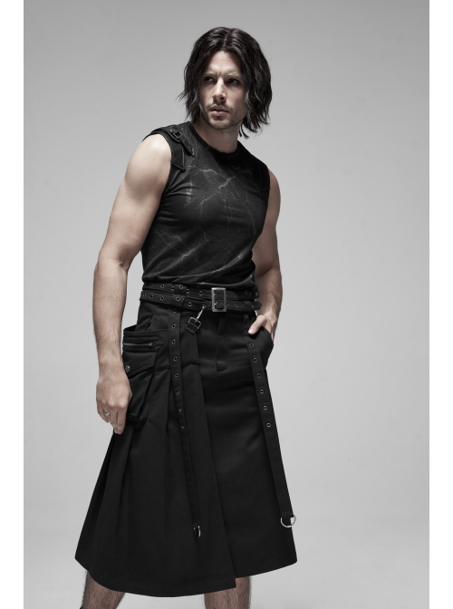 Metal Buckle Belt Metal Eyelets Strap Pleated Skirt Piece Black Punk Kilt