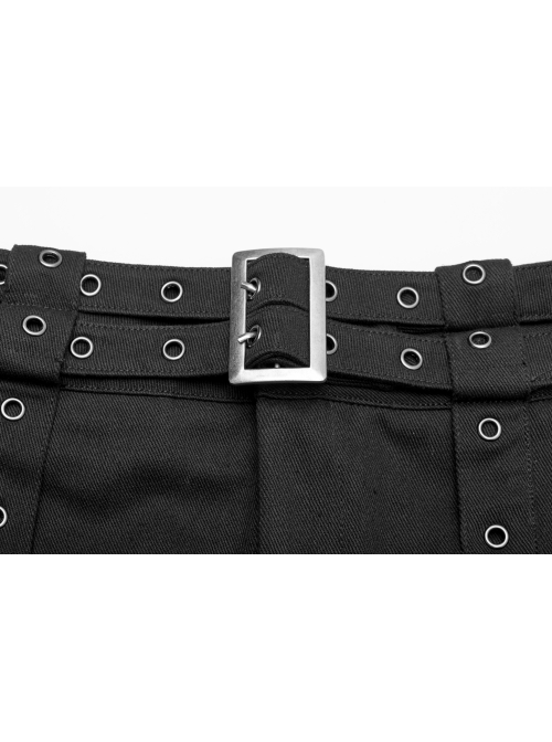 Metal Buckle Belt Metal Eyelets Strap Pleated Skirt Piece Black Punk Kilt