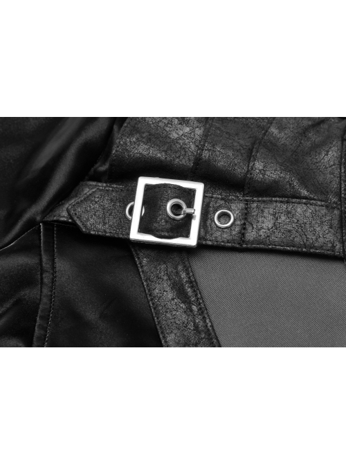 High Collar Chest Hollow-Out Metal Hasp Long Sleeves Eyelets Lace-Up Black Punk Imitation Sharkskin Knit Short Dress