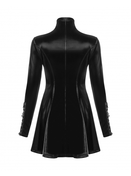 High Collar Chest Hollow-Out Metal Hasp Long Sleeves Eyelets Lace-Up Black Punk Imitation Sharkskin Knit Short Dress