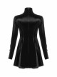 High Collar Chest Hollow-Out Metal Hasp Long Sleeves Eyelets Lace-Up Black Punk Imitation Sharkskin Knit Short Dress