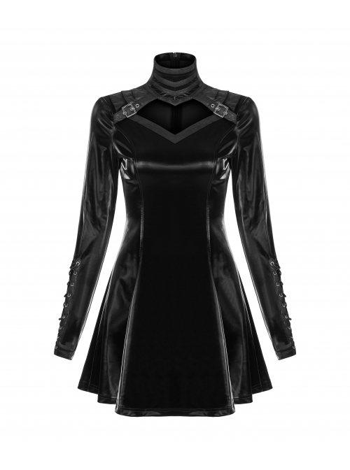 High Collar Chest Hollow-Out Metal Hasp Long Sleeves Eyelets Lace-Up Black Punk Imitation Sharkskin Knit Short Dress