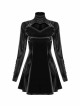 High Collar Chest Hollow-Out Metal Hasp Long Sleeves Eyelets Lace-Up Black Punk Imitation Sharkskin Knit Short Dress