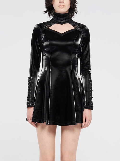 High Collar Chest Hollow-Out Metal Hasp Long Sleeves Eyelets Lace-Up Black Punk Imitation Sharkskin Knit Short Dress