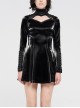 High Collar Chest Hollow-Out Metal Hasp Long Sleeves Eyelets Lace-Up Black Punk Imitation Sharkskin Knit Short Dress