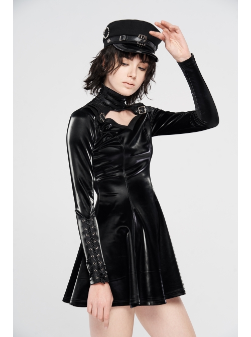 High Collar Chest Hollow-Out Metal Hasp Long Sleeves Eyelets Lace-Up Black Punk Imitation Sharkskin Knit Short Dress