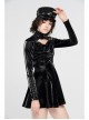 High Collar Chest Hollow-Out Metal Hasp Long Sleeves Eyelets Lace-Up Black Punk Imitation Sharkskin Knit Short Dress