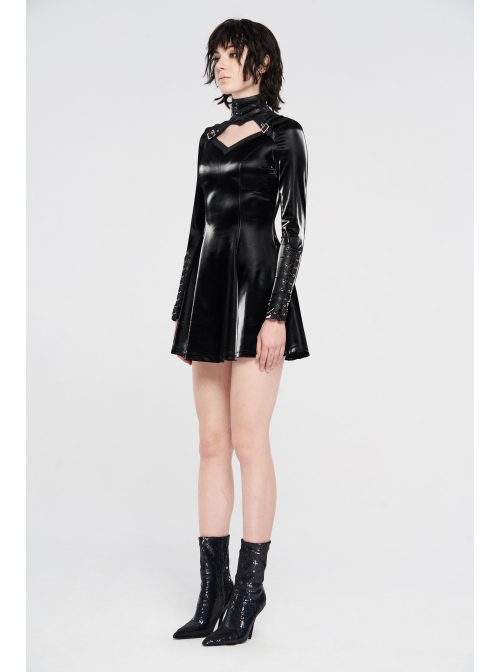 High Collar Chest Hollow-Out Metal Hasp Long Sleeves Eyelets Lace-Up Black Punk Imitation Sharkskin Knit Short Dress