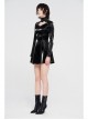 High Collar Chest Hollow-Out Metal Hasp Long Sleeves Eyelets Lace-Up Black Punk Imitation Sharkskin Knit Short Dress