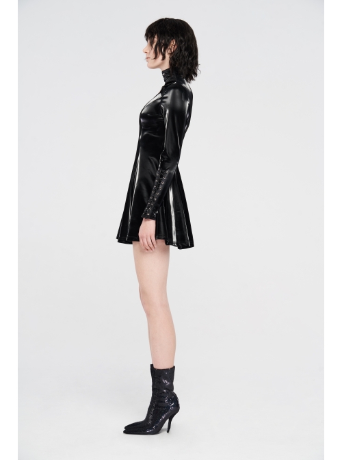 High Collar Chest Hollow-Out Metal Hasp Long Sleeves Eyelets Lace-Up Black Punk Imitation Sharkskin Knit Short Dress