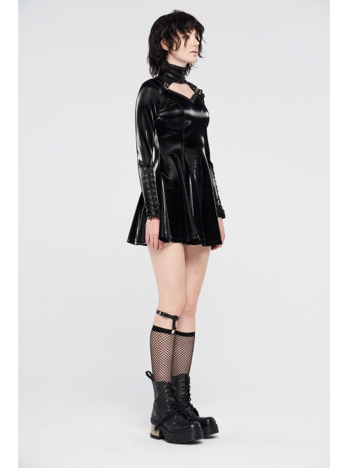 High Collar Chest Hollow-Out Metal Hasp Long Sleeves Eyelets Lace-Up Black Punk Imitation Sharkskin Knit Short Dress