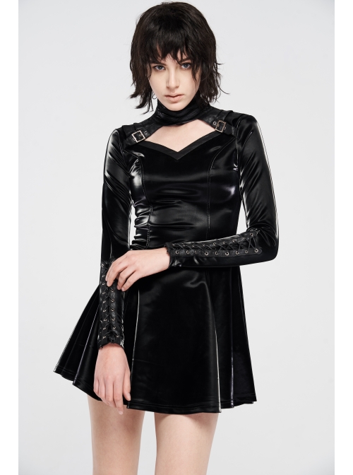High Collar Chest Hollow-Out Metal Hasp Long Sleeves Eyelets Lace-Up Black Punk Imitation Sharkskin Knit Short Dress