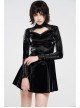 High Collar Chest Hollow-Out Metal Hasp Long Sleeves Eyelets Lace-Up Black Punk Imitation Sharkskin Knit Short Dress