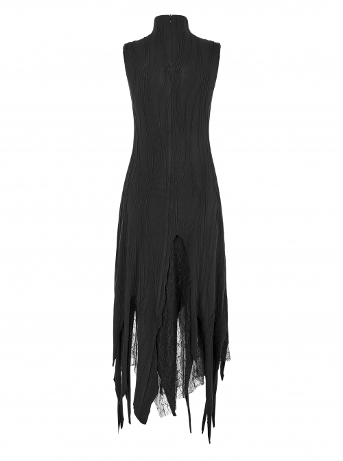 High Collar Chest Embroidery Sleeveless Irregular Lace Hem Black Punk Knit Long Dress