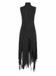 High Collar Chest Embroidery Sleeveless Irregular Lace Hem Black Punk Knit Long Dress