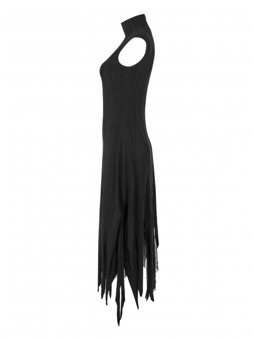 High Collar Chest Embroidery Sleeveless Irregular Lace Hem Black Punk Knit Long Dress
