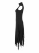 High Collar Chest Embroidery Sleeveless Irregular Lace Hem Black Punk Knit Long Dress