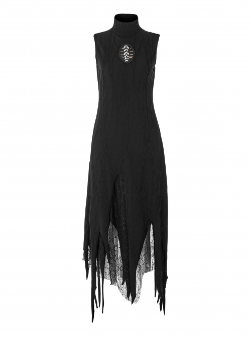 High Collar Chest Embroidery Sleeveless Irregular Lace Hem Black Punk Knit Long Dress