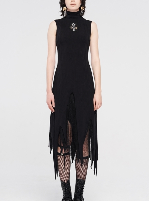 High Collar Chest Embroidery Sleeveless Irregular Lace Hem Black Punk Knit Long Dress