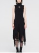 High Collar Chest Embroidery Sleeveless Irregular Lace Hem Black Punk Knit Long Dress