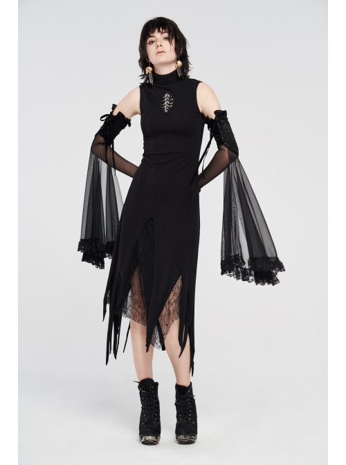 High Collar Chest Embroidery Sleeveless Irregular Lace Hem Black Punk Knit Long Dress