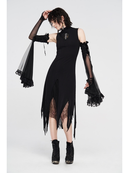 High Collar Chest Embroidery Sleeveless Irregular Lace Hem Black Punk Knit Long Dress