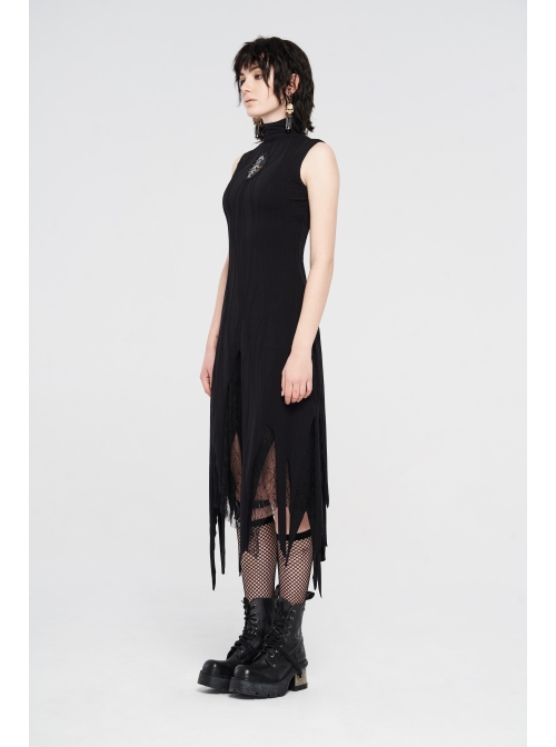 High Collar Chest Embroidery Sleeveless Irregular Lace Hem Black Punk Knit Long Dress