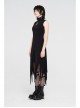 High Collar Chest Embroidery Sleeveless Irregular Lace Hem Black Punk Knit Long Dress