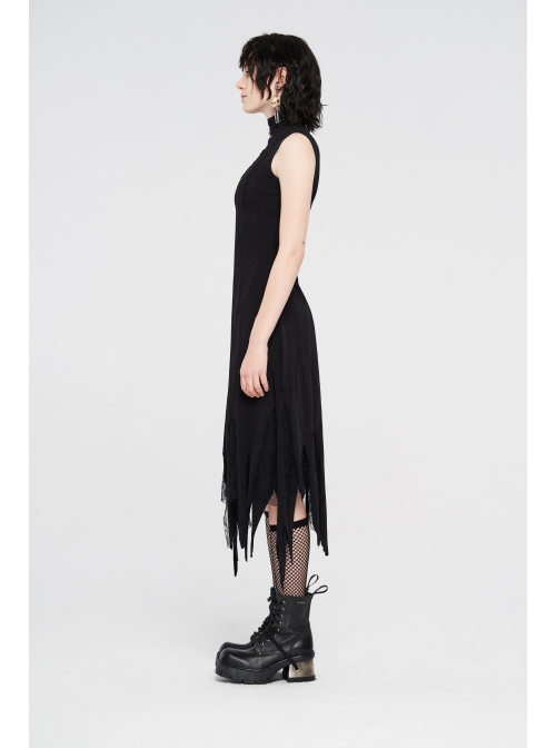 High Collar Chest Embroidery Sleeveless Irregular Lace Hem Black Punk Knit Long Dress