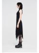 High Collar Chest Embroidery Sleeveless Irregular Lace Hem Black Punk Knit Long Dress