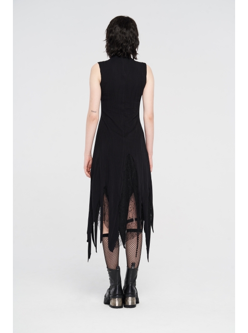 High Collar Chest Embroidery Sleeveless Irregular Lace Hem Black Punk Knit Long Dress