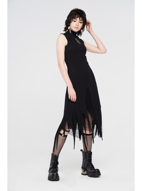 High Collar Chest Embroidery Sleeveless Irregular Lace Hem Black Punk Knit Long Dress