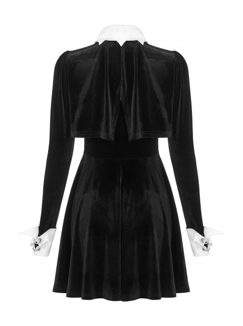 White Bat Shape Collar Moon Pendant Chest Hollow-Out Fake Two Pieces Small Cloak Black Gothic Velvet Dress
