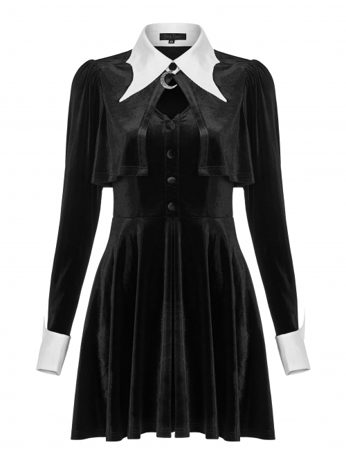 White Bat Shape Collar Moon Pendant Chest Hollow-Out Fake Two Pieces Small Cloak Black Gothic Velvet Dress